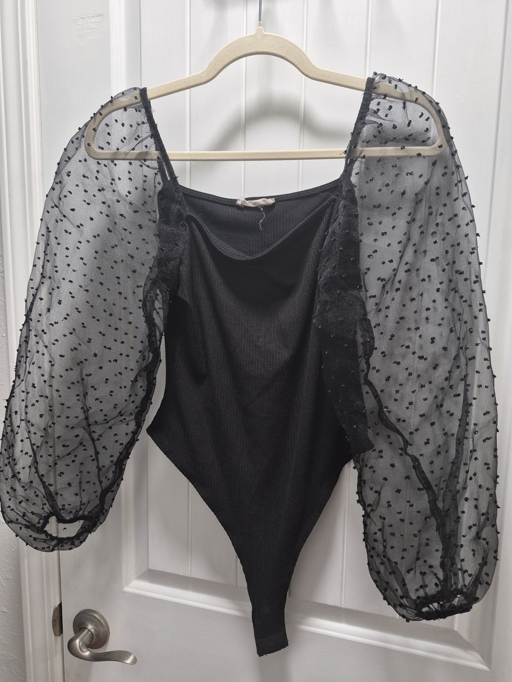 Altar'd State Black Sheer Swiss Dot Puff Sleeve Bodysuit Size M